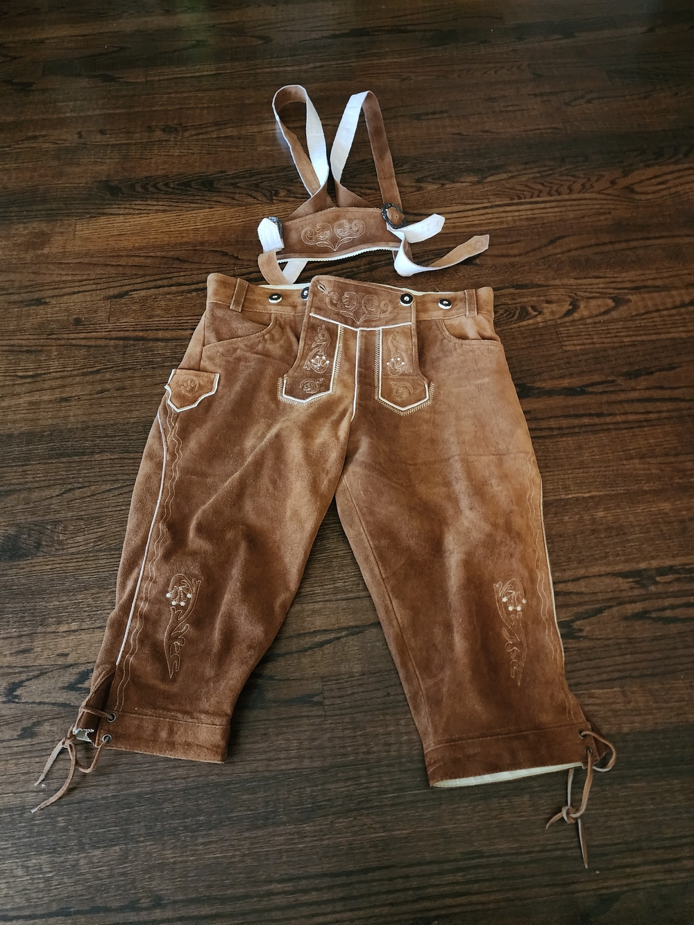 Men's Brown Suede Lederhosen-Style Pants with Embroidered Details